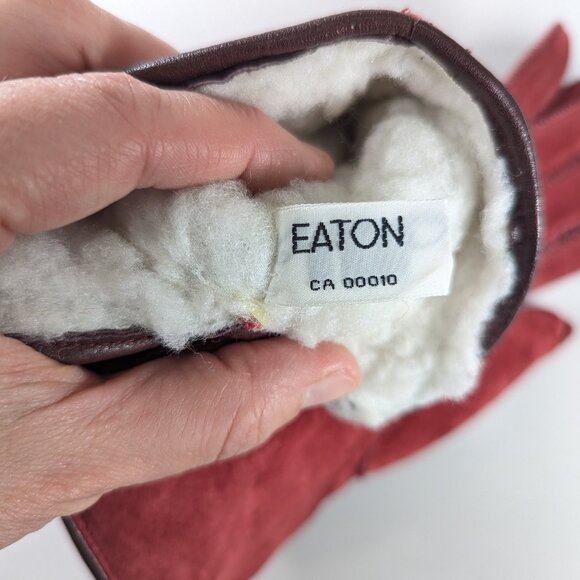 NEW Red Suede-like gloves by EATON ladies size M, white lining 100% Acrylic - Picture 9 of 11